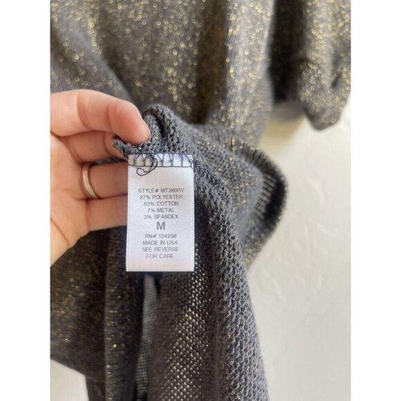 Alya Size Medium Gray Gold Shimmer Metallic Cotton Blend V-Neck Short Sleeve Kni - Picture 4 of 7